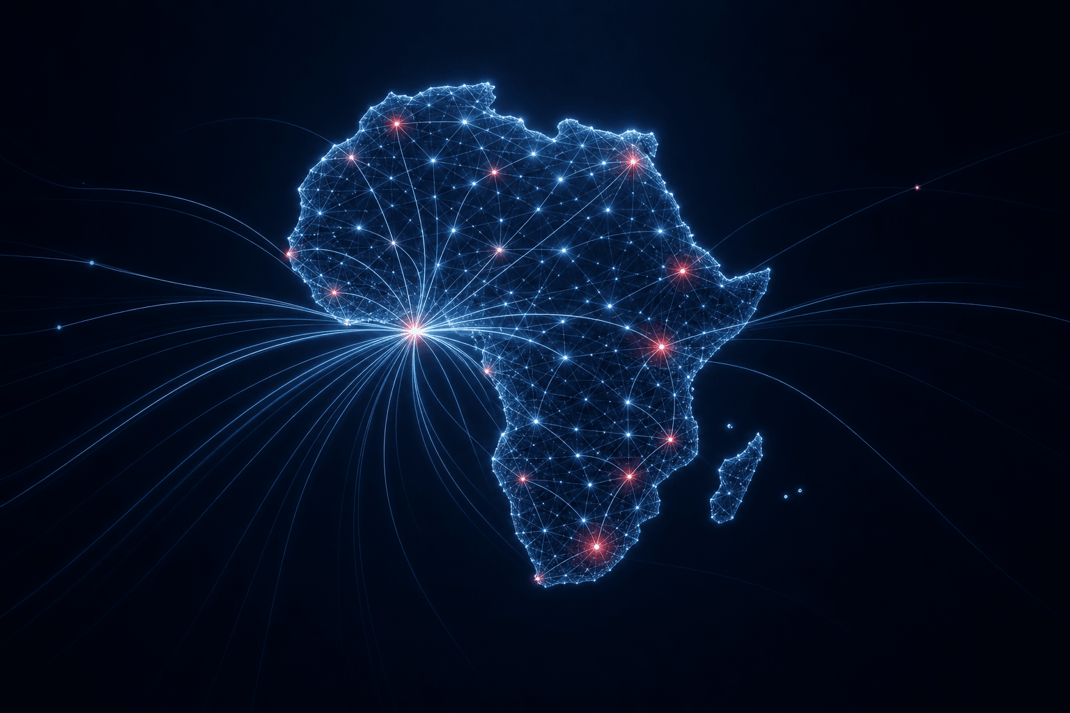 Digital network visualization of the African continent showing data connections radiating from Ghana across Africa and the world