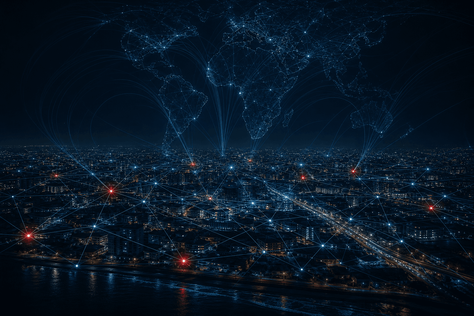 Aerial view of Accra Ghana at night with digital network overlay connecting Africa to the world