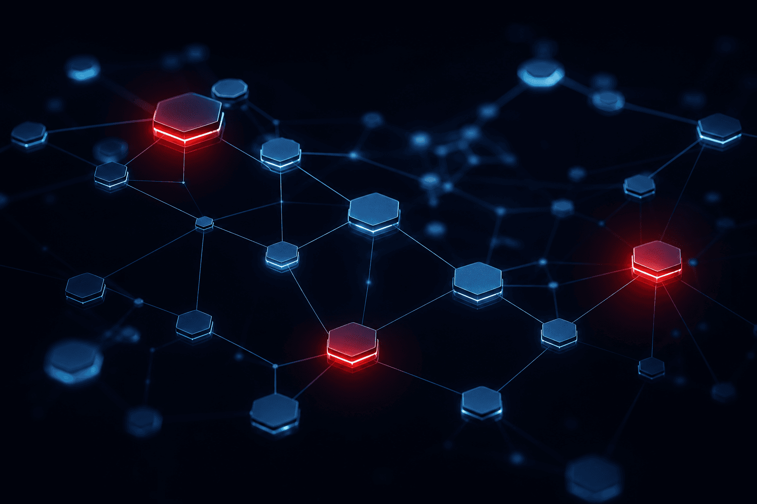 Abstract blockchain network visualization with hexagonal nodes in blue and red representing interconnected technology services